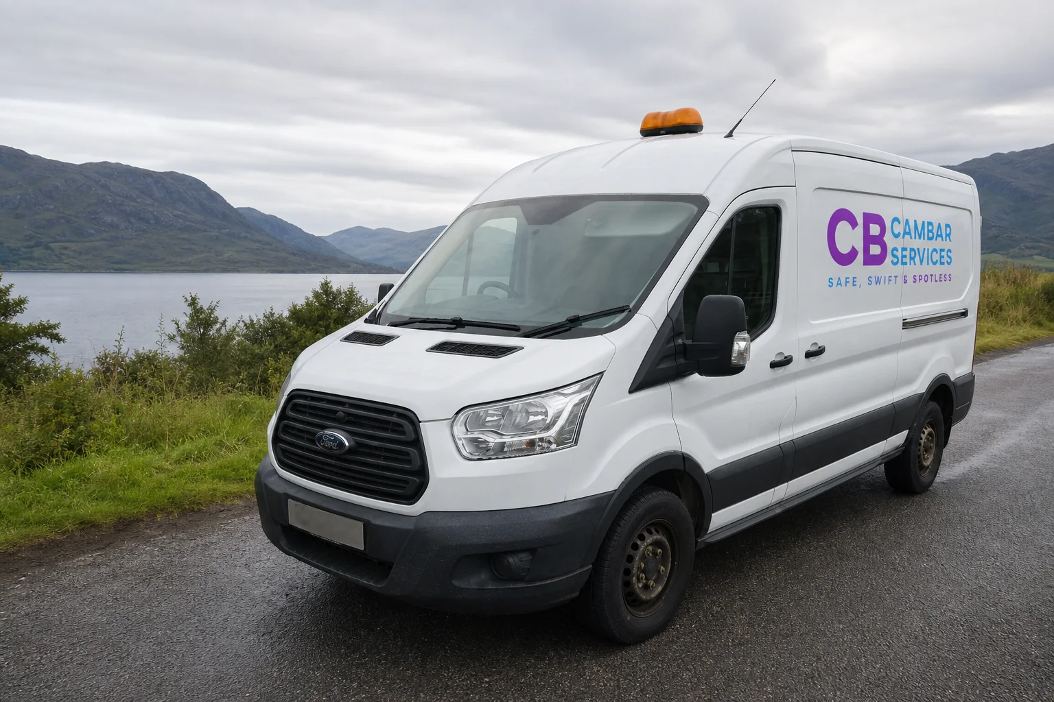 Cambar Services van beside a Highland loch